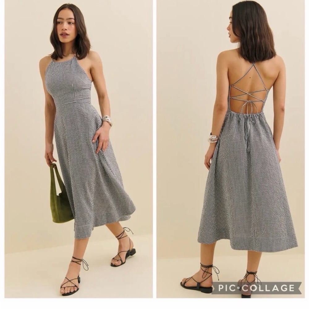 Reformation Black and White Gingham Halter Midi Dress